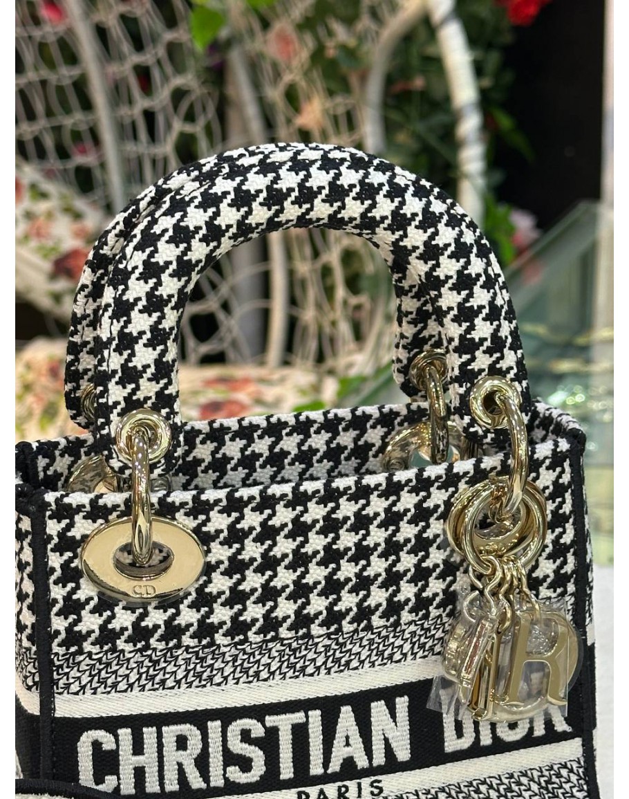 CHRISTIAN DIOR MINI LADY DIOR D-LITE HANDLE HANDBAG HOUNDSTOOTH
